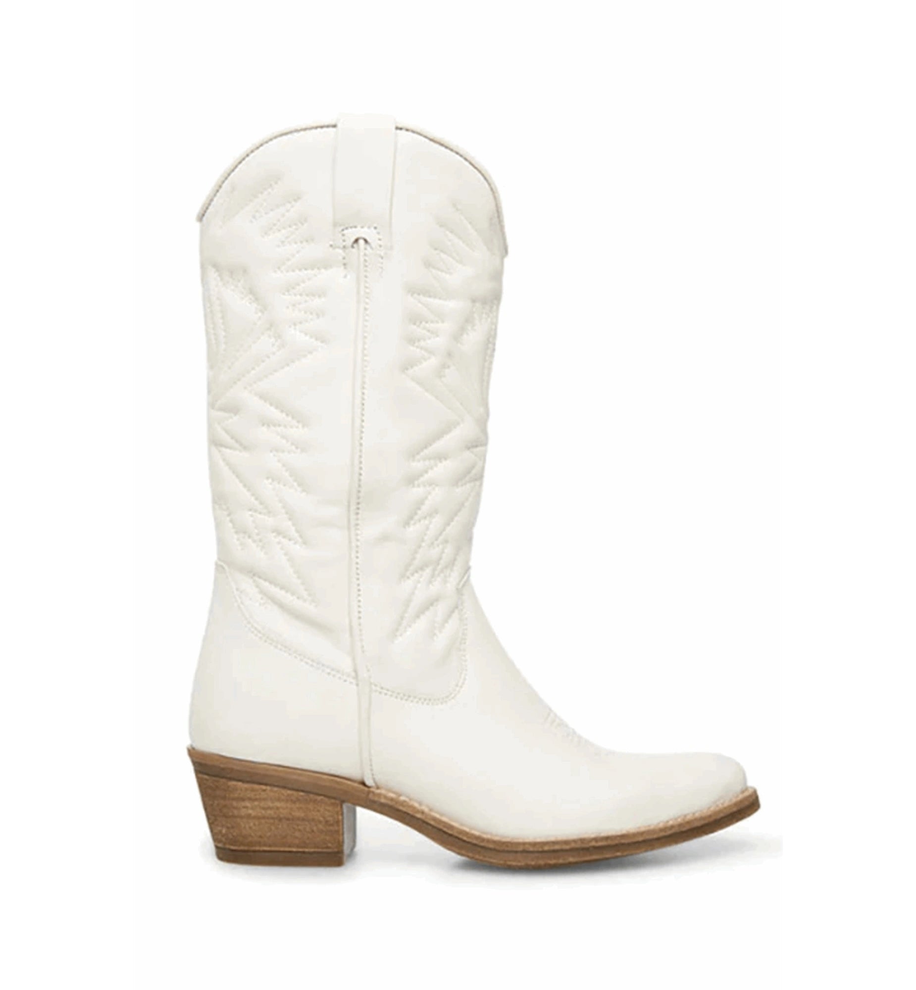 White cowboy boot with a brown heel on a white background
