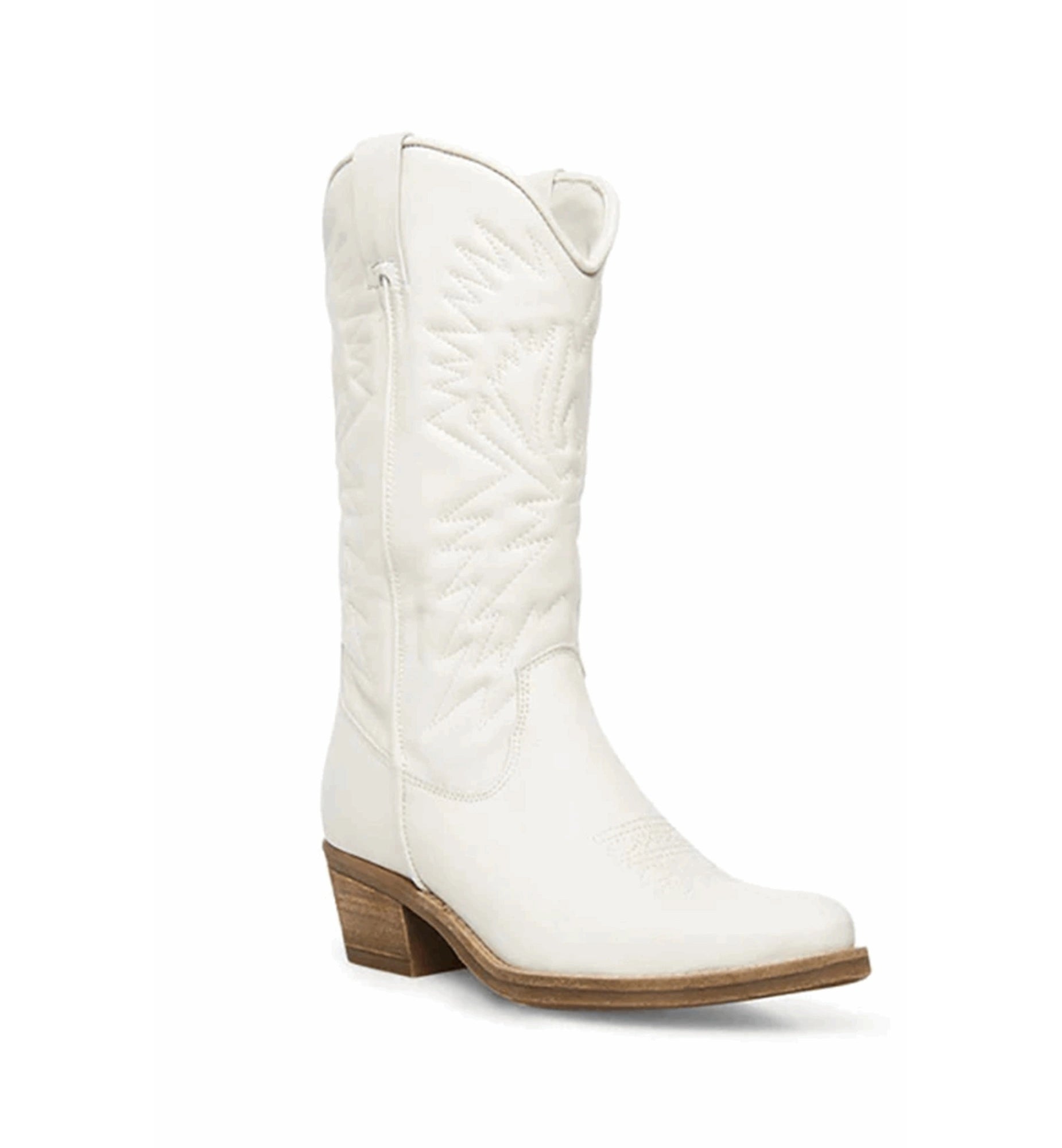 White cowboy boot with brown heel on a white background